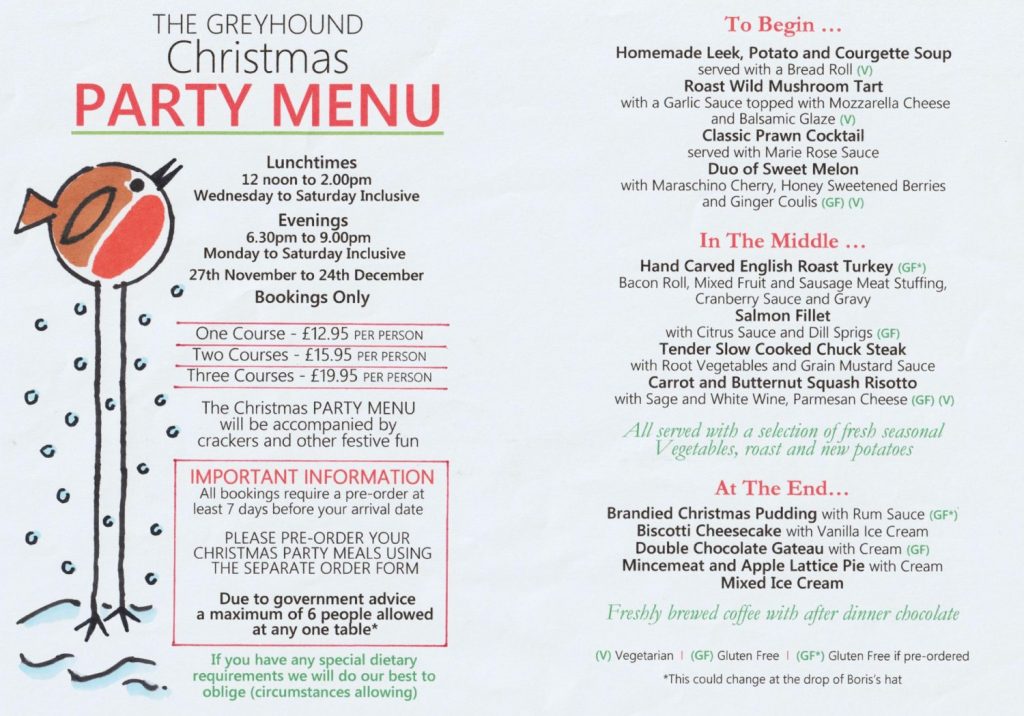 Christmas Party Menu Greyhound Coaching Inn Hotel Lutterworth